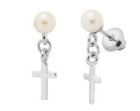 Sterling Silver Pearl Cross Dangle Earrings