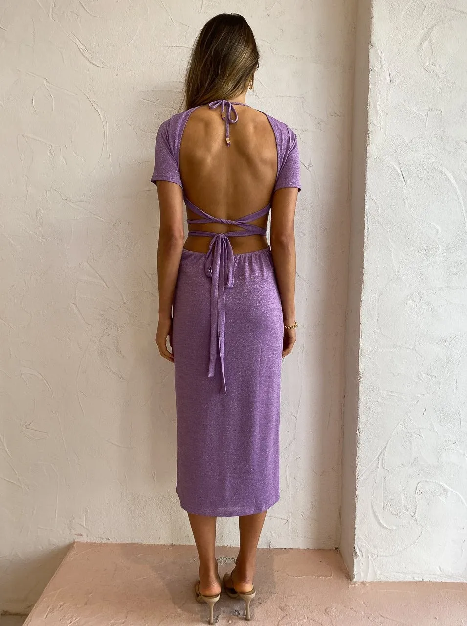 Suboo Asha Lurex Cut Out Midi Dress in Lilac