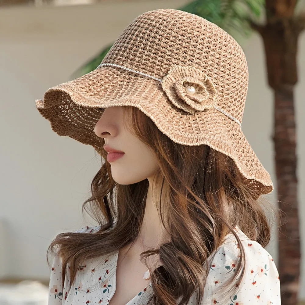 Summer Hats For Women Fashion Hollow Straw Hat  Flowers Design Sun Hat Travel Beach Sun Cap