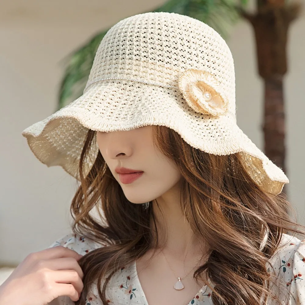 Summer Hats For Women Fashion Hollow Straw Hat  Flowers Design Sun Hat Travel Beach Sun Cap