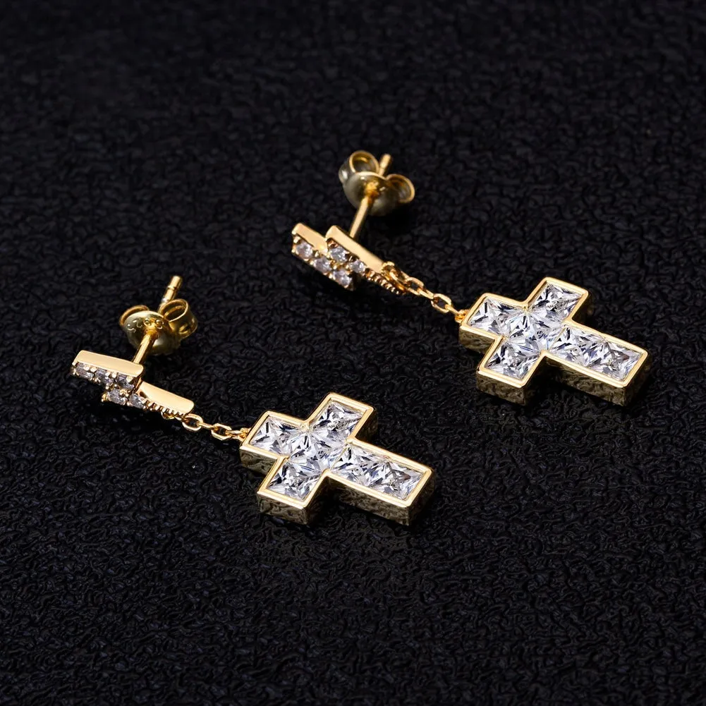 The Freshness® - 925 Sterling Silver Diamond Flash Lightning Stud Earrings with Diamond Cross in 14K Gold