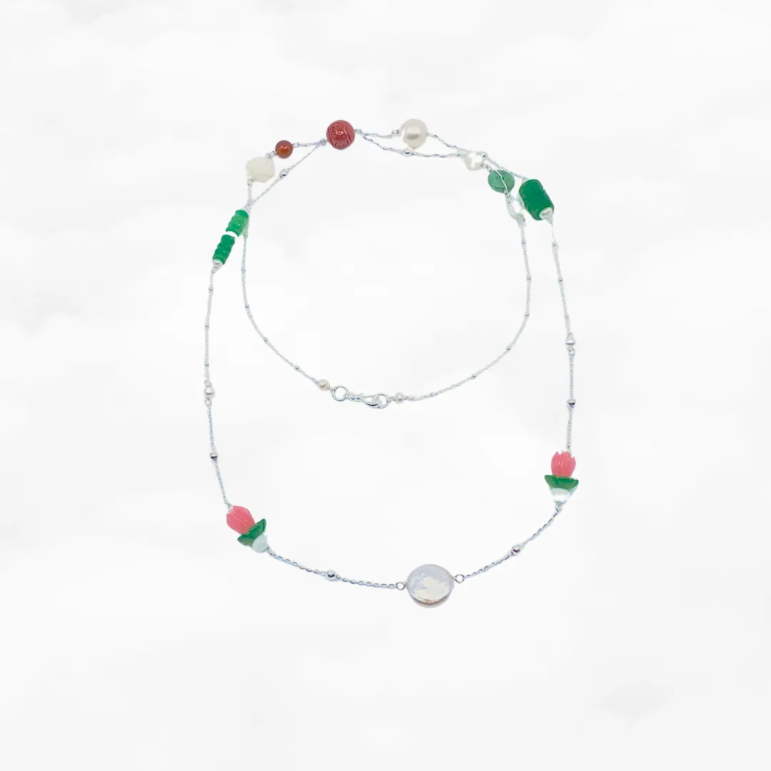 The Nine Jade and Flower Necklace and Earring Set