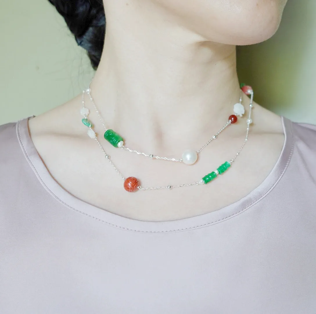 The Nine Jade and Flower Necklace and Earring Set