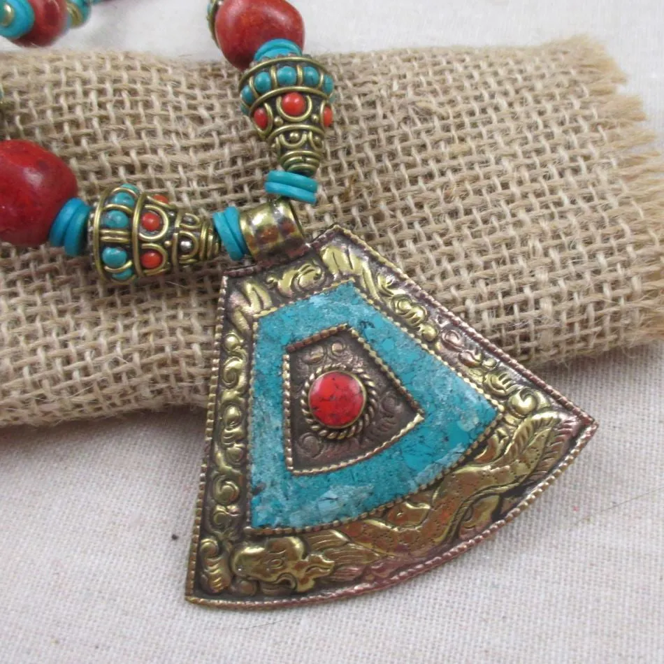 Tibetan Inlaid Bold Pendant Necklace