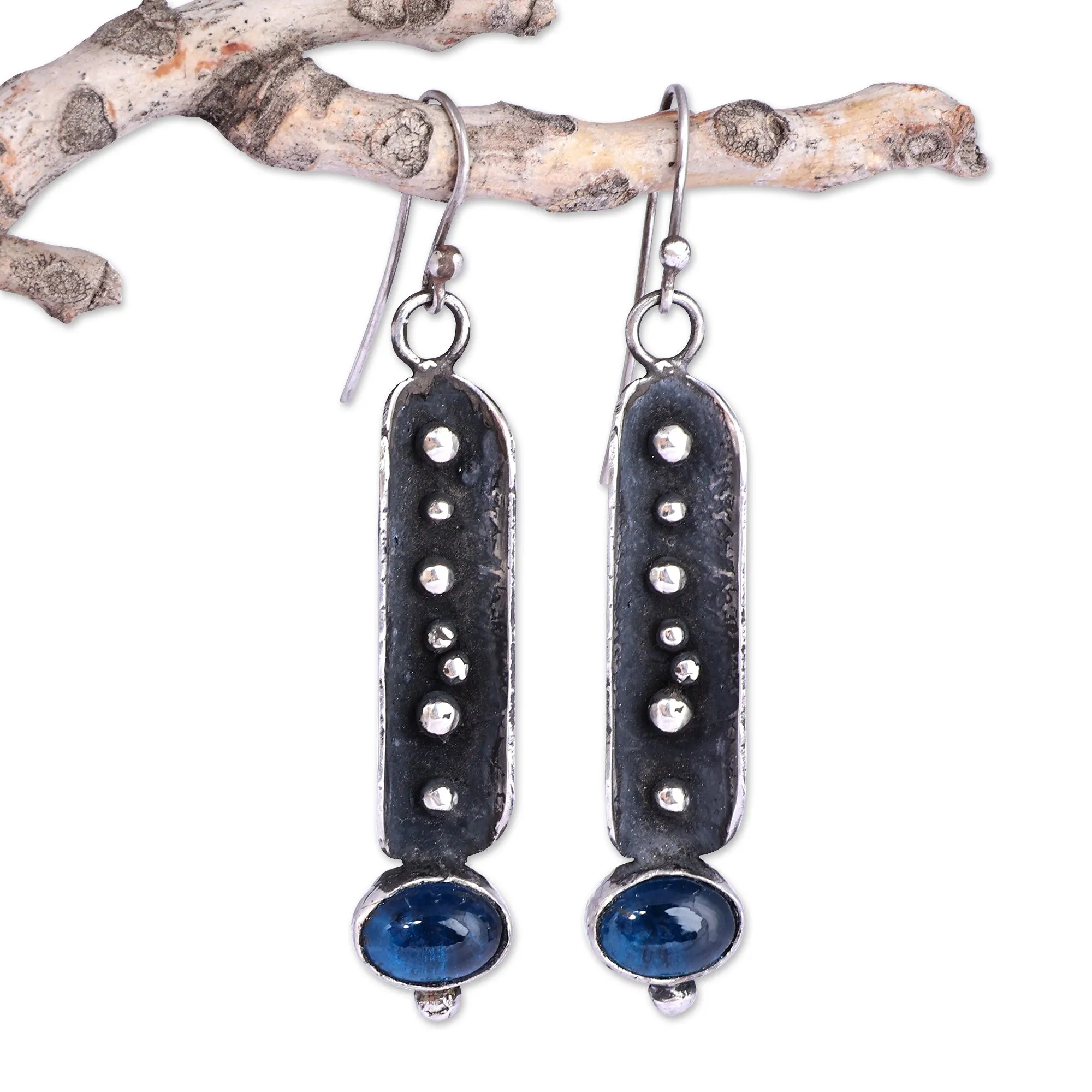 Traditional Oxidized Synthetic Sapphire Dangle Earrings - Magical Fruits | NOVICA