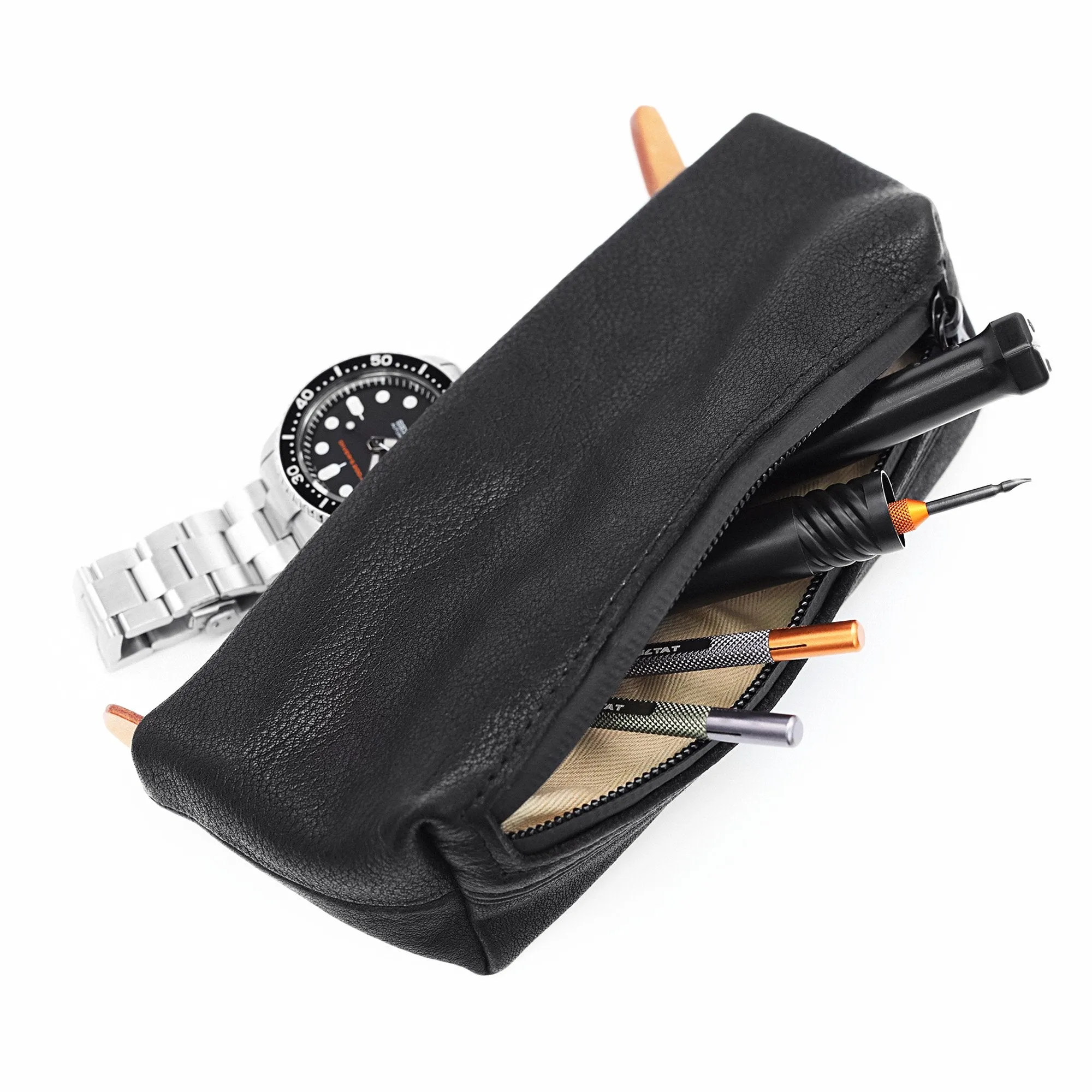 Travel Leather Zipper Watch Pouch, Two pockets storage for watch band and tools