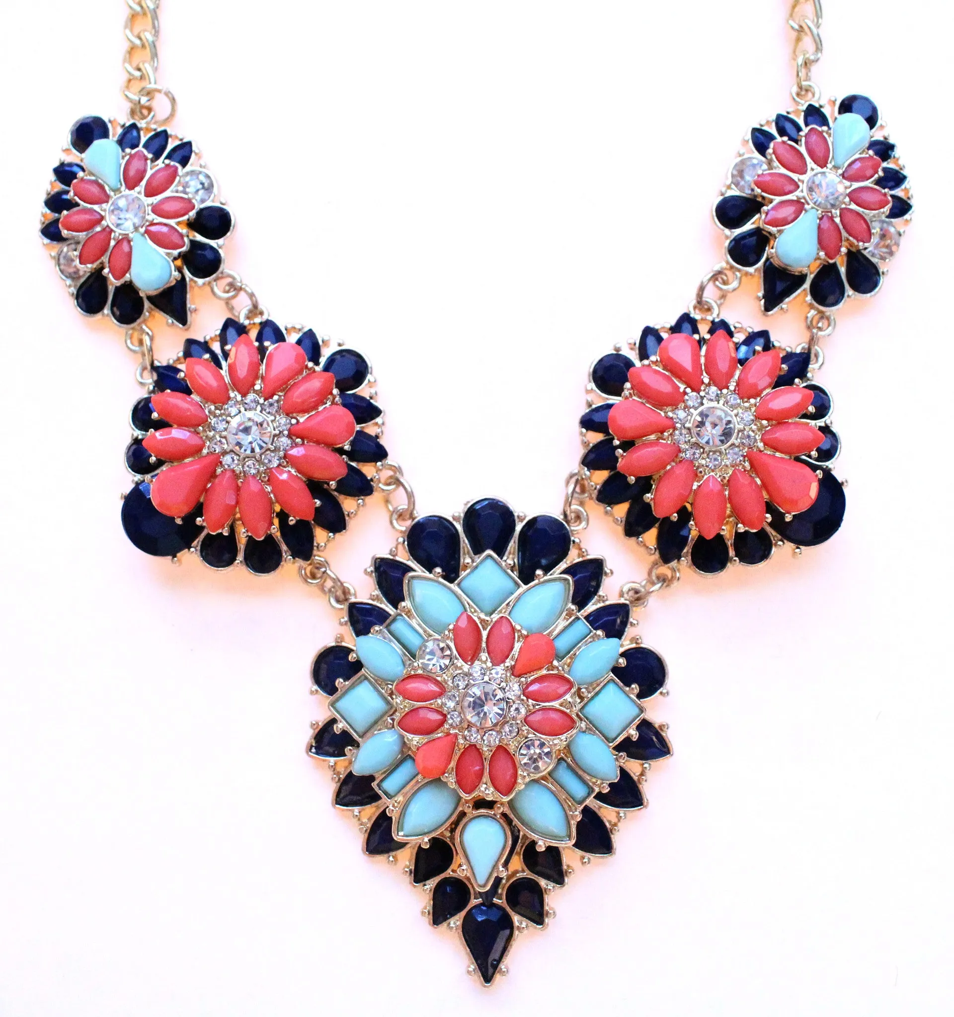 Tri-Color Blossoming Jeweled Necklace- Navy & Coral