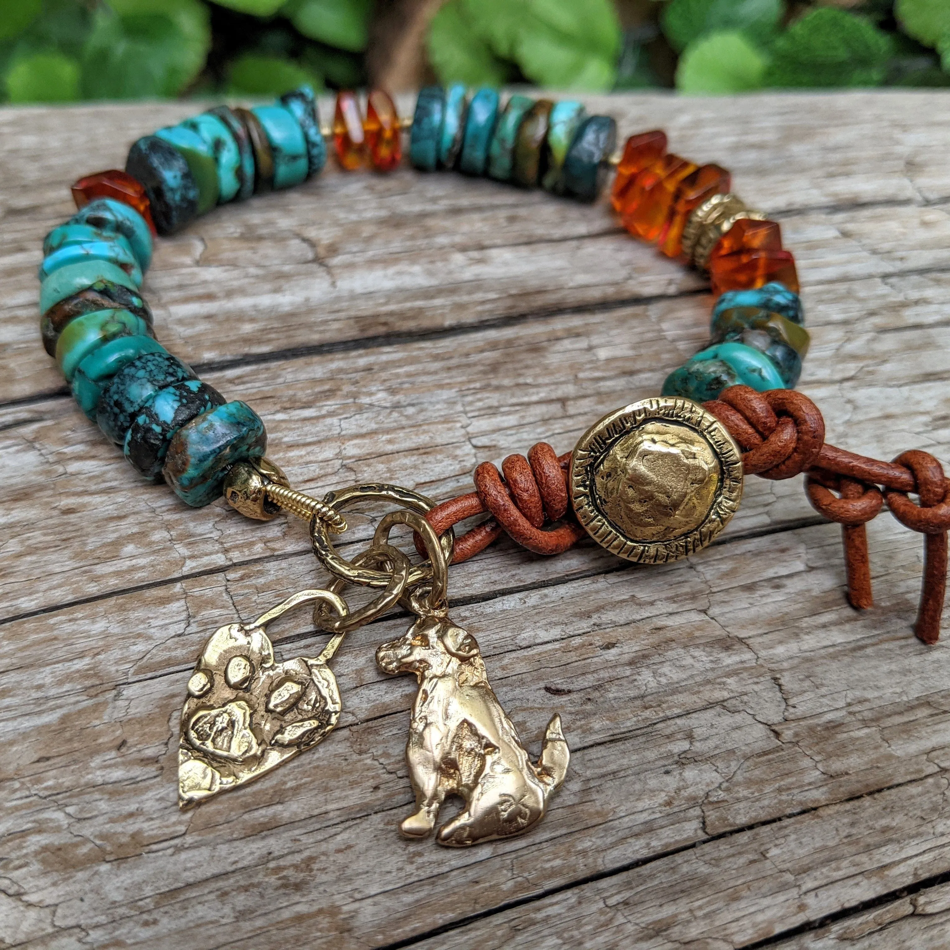 Turquoise & Baltic Amber Bracelet with Dog & Paw Charms