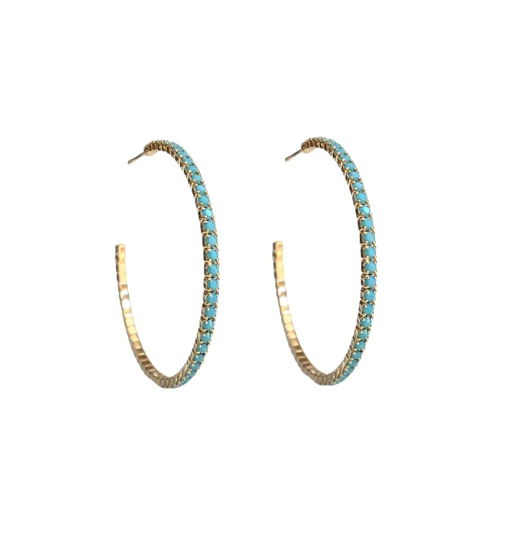 Turquoise and Gold Crystal Hoops