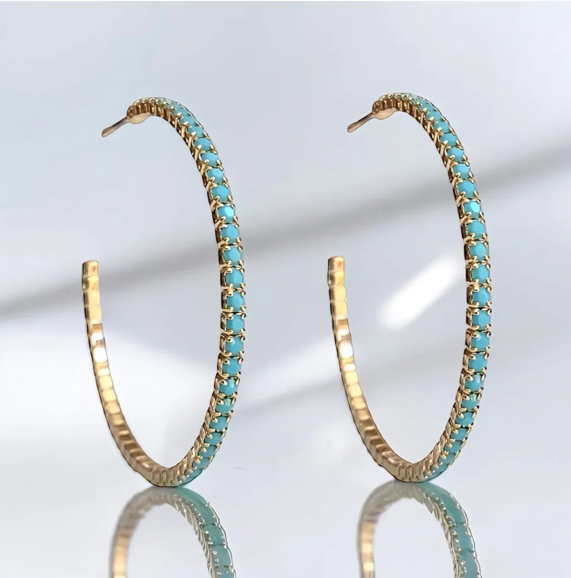 Turquoise and Gold Crystal Hoops