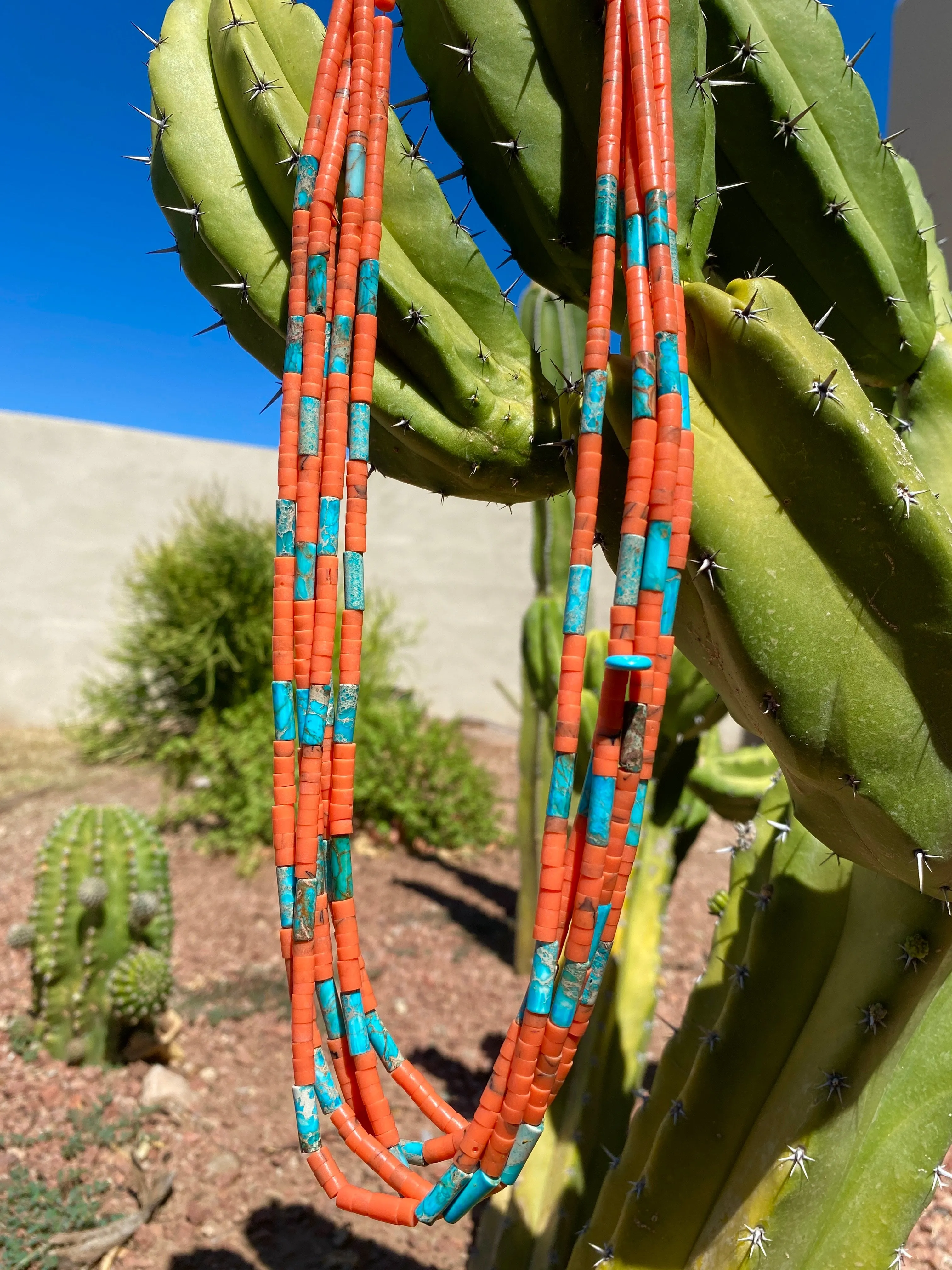 Turquoise and Orange Coral Heishi Necklace