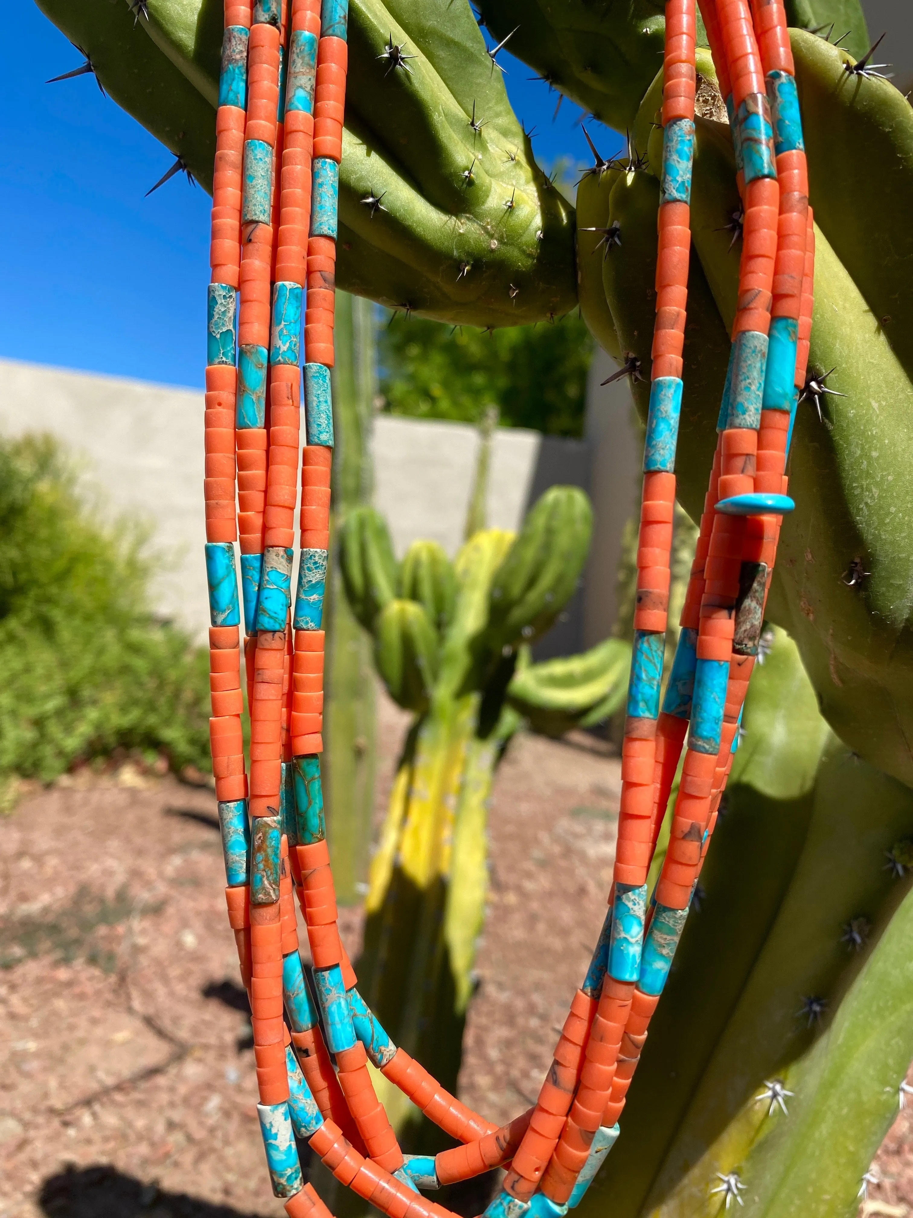 Turquoise and Orange Coral Heishi Necklace