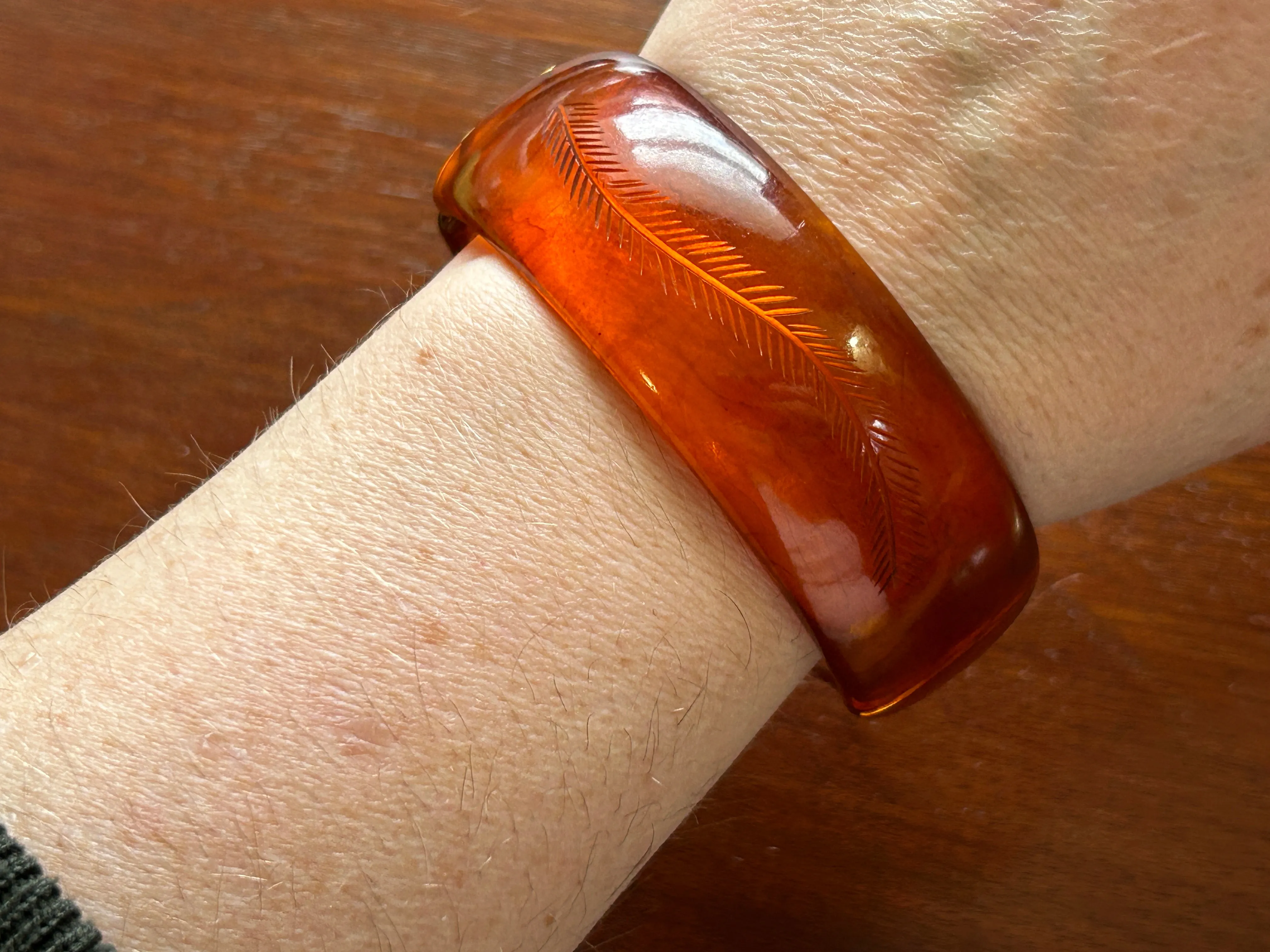 Vintage Catalan Bakelite Amber Etched Clamper Bracelet Wide Gold