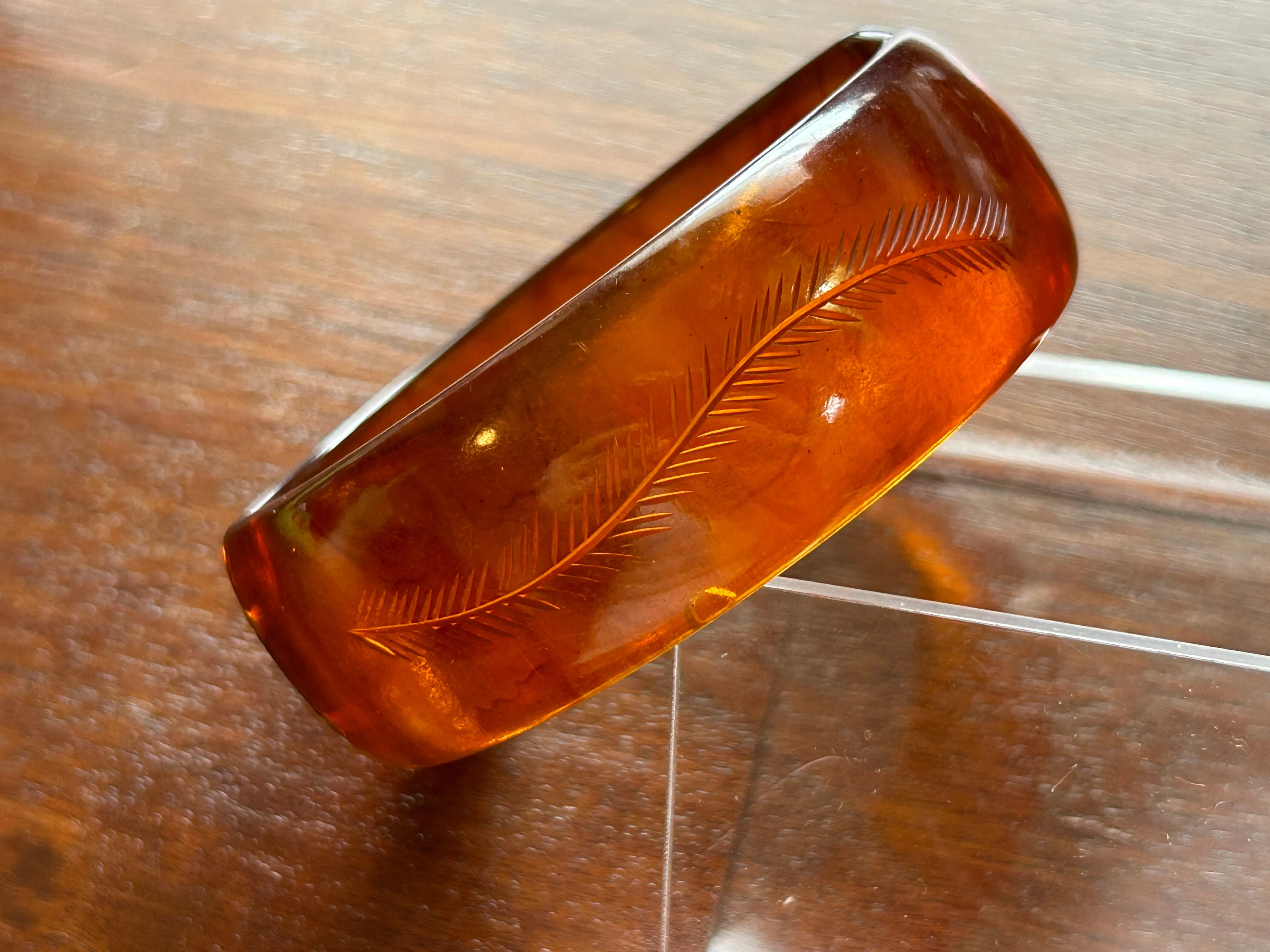 Vintage Catalan Bakelite Amber Etched Clamper Bracelet Wide Gold