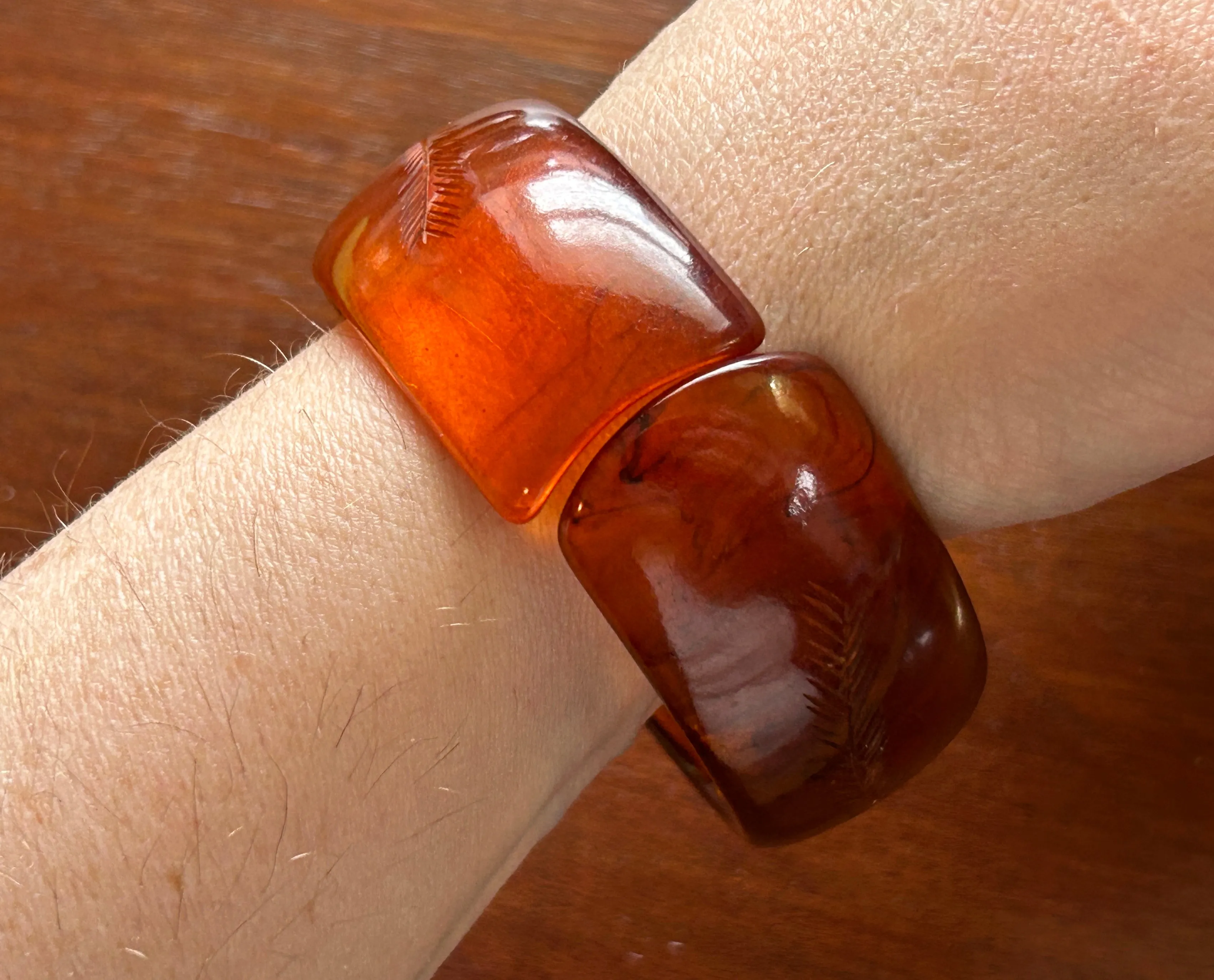 Vintage Catalan Bakelite Amber Etched Clamper Bracelet Wide Gold