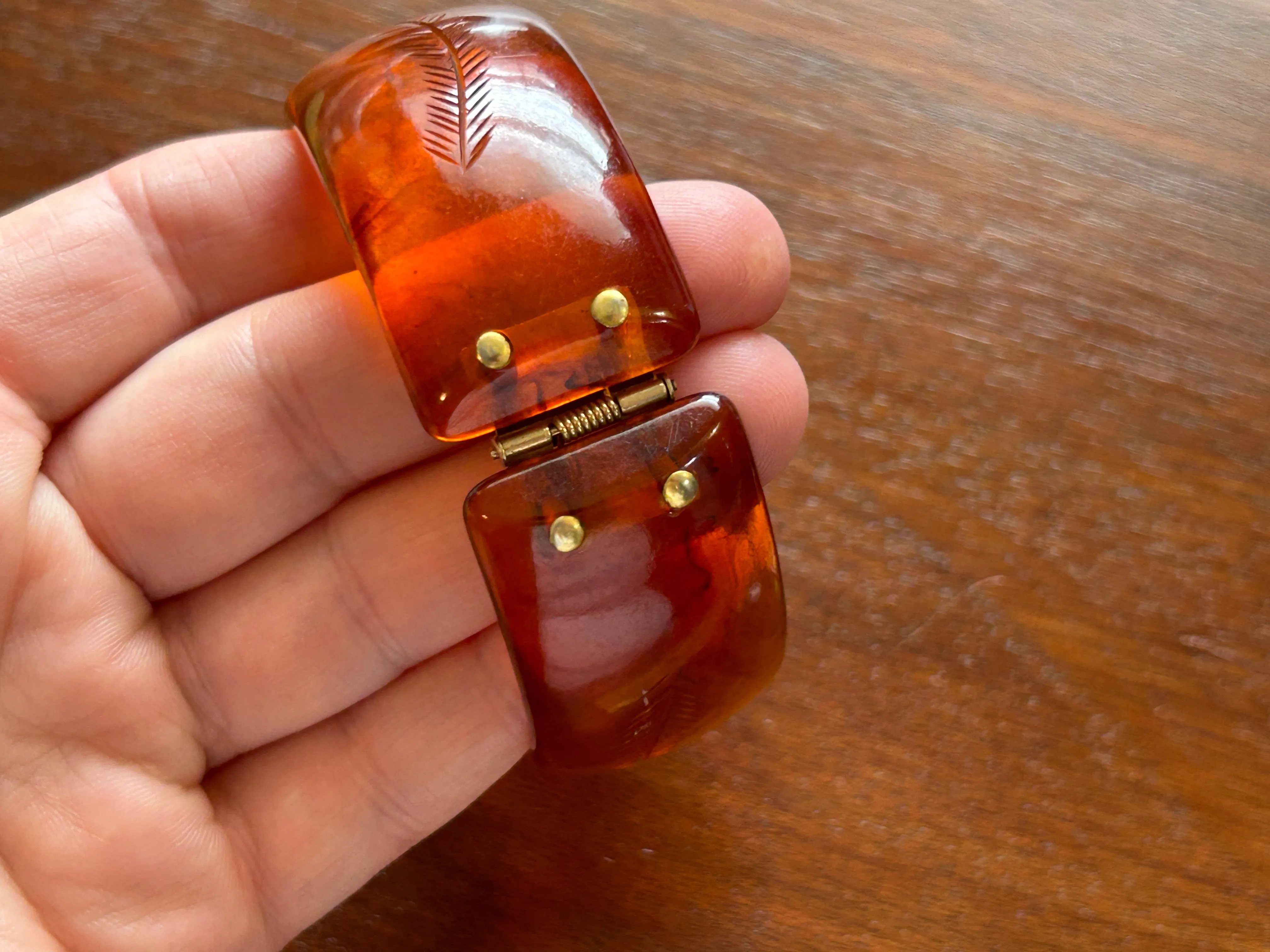 Vintage Catalan Bakelite Amber Etched Clamper Bracelet Wide Gold