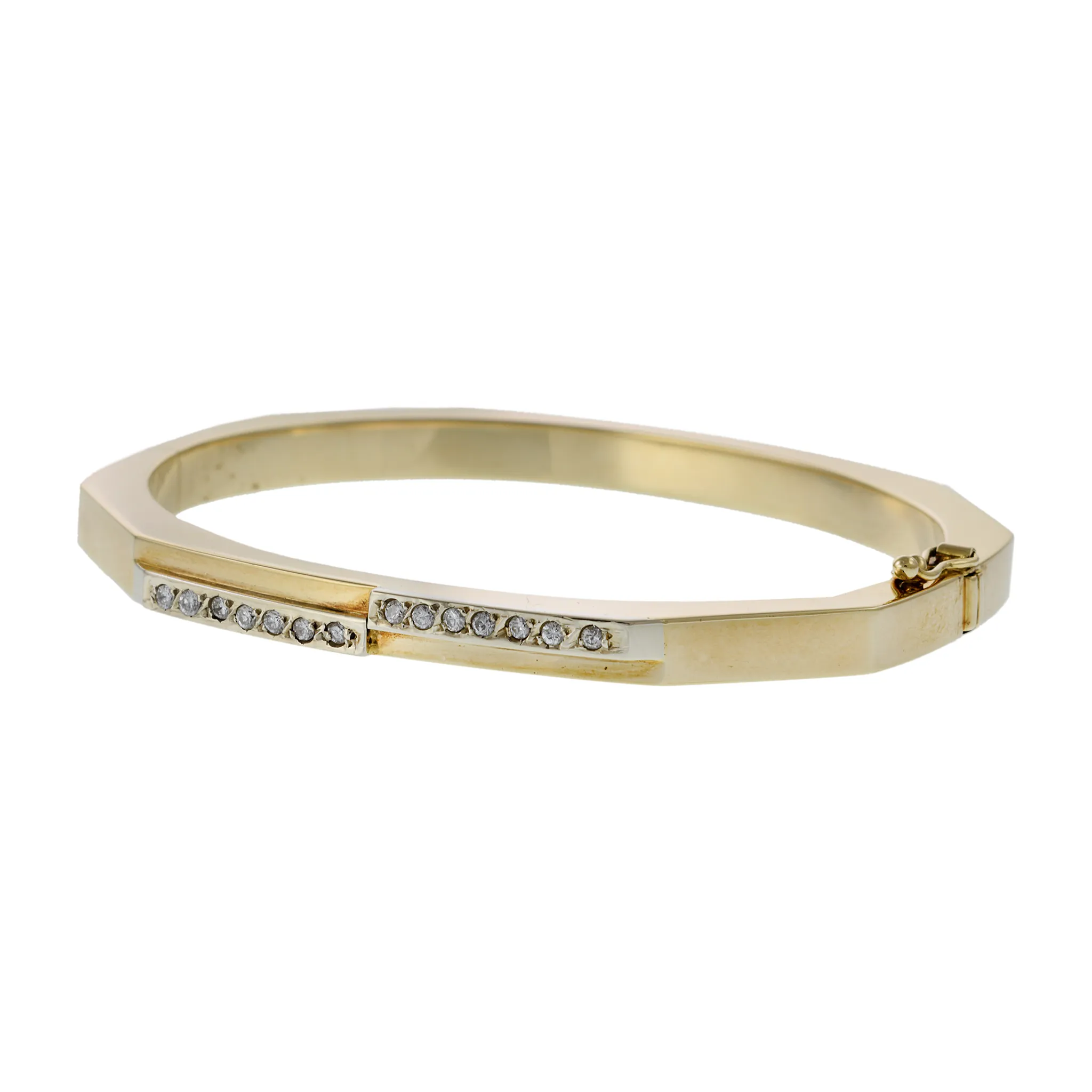 Vintage Retro Era 14KT Yellow Gold and Round Cut Diamonds Square Bangle