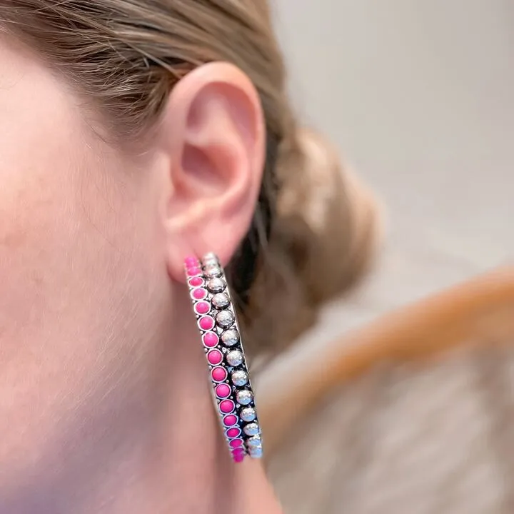 Western Studded Hoop Earrings - Pink