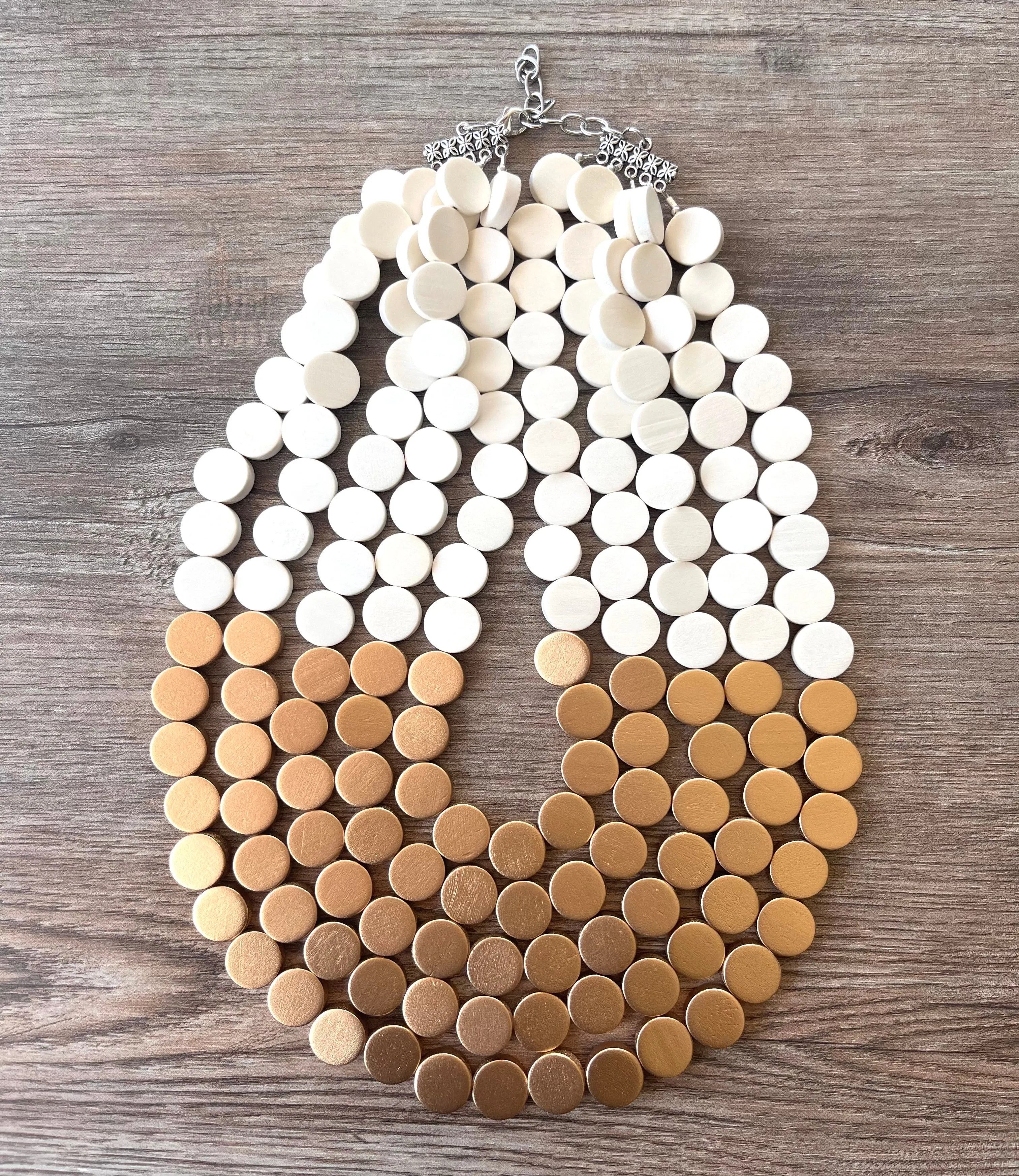 White Ivory Gold Wood Beaded Multi Strand Chunky Statement Necklace - Regan