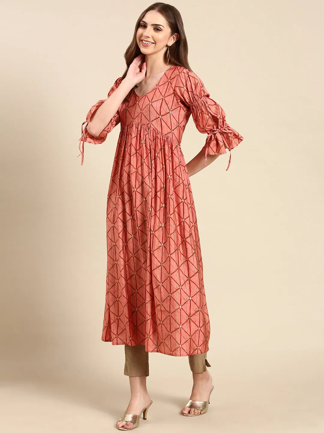 Women's Coral Geometrical Anarkali Kurta