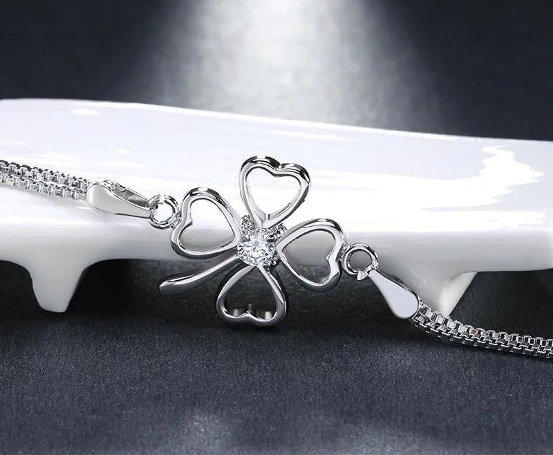 Women's Silver Bracelet with Clover Paved Austrian CZ