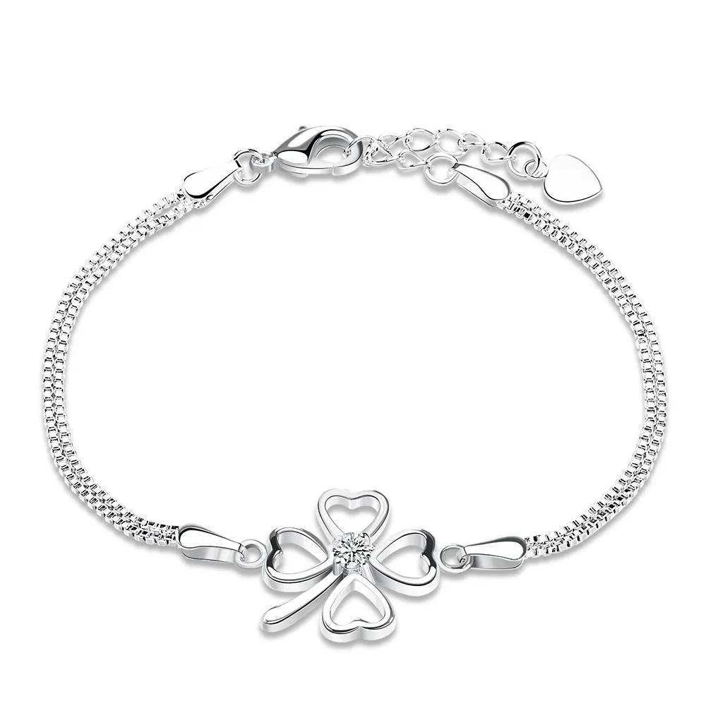 Women's Silver Bracelet with Clover Paved Austrian CZ