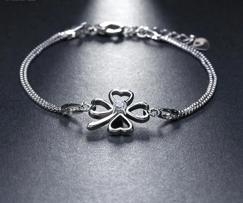 Women's Silver Bracelet with Clover Paved Austrian CZ