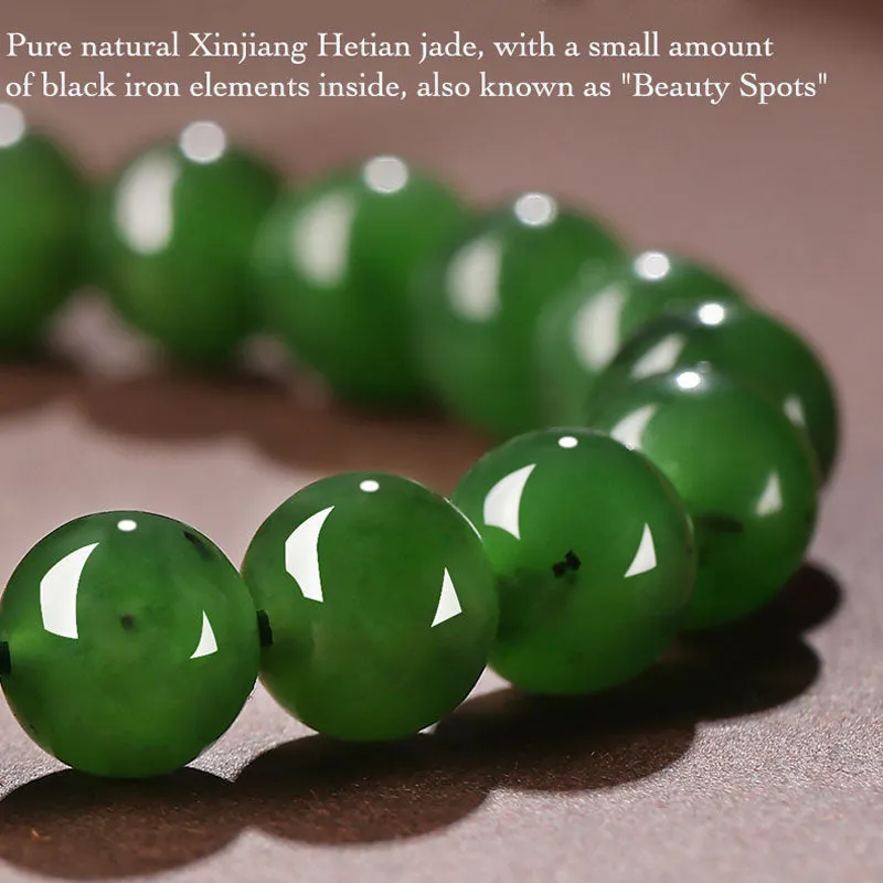 Xinjiang Hetian Jade Bracelet Adorned with a Four Leaf Clover Green Jade Biyu Bracelet