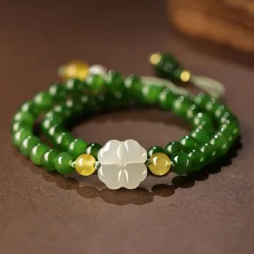 Xinjiang Hetian Jade Bracelet Adorned with a Four Leaf Clover Green Jade Biyu Bracelet