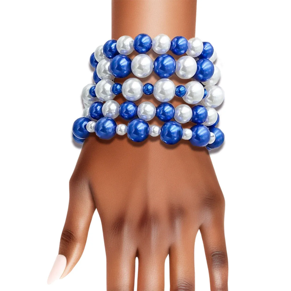 Zeta Phi Beta - Azure Elegance: Blue and White Pearl Bracelet Set