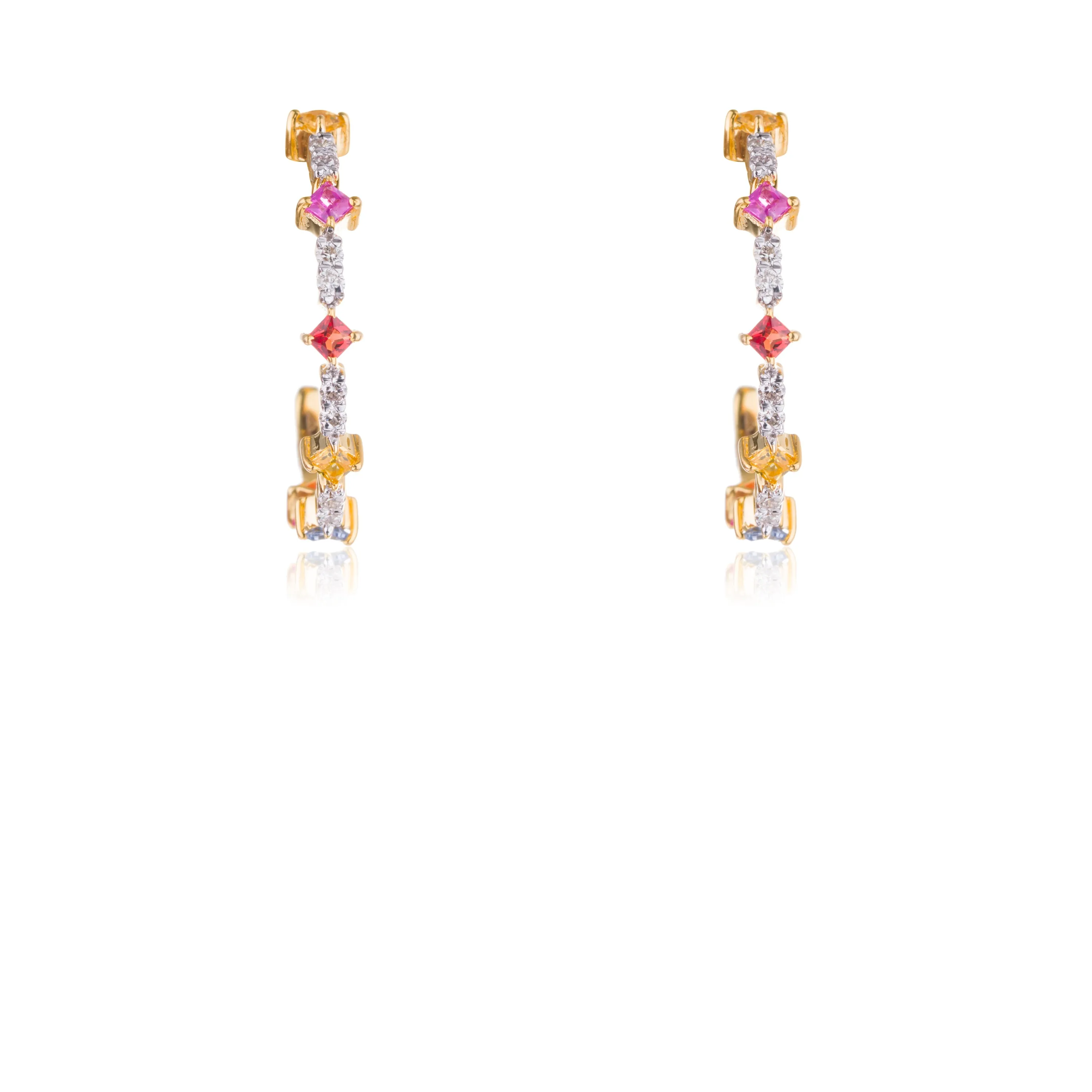 Zoey, Rainbow Sapphire and Diamond Hoop Earrings, 14K Yellow Gold