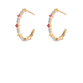 Zoey, Rainbow Sapphire and Diamond Hoop Earrings, 14K Yellow Gold